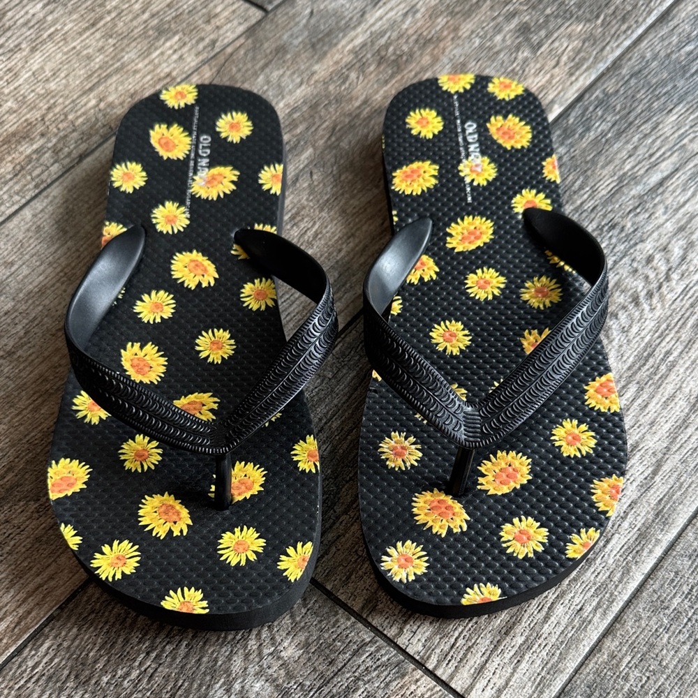 Old Navy Black Flip Flops with Sunflower Design